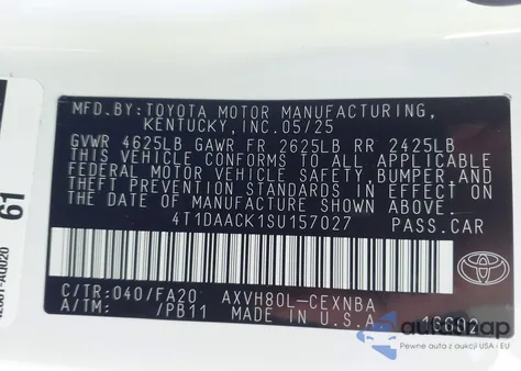 2025 Toyota Camry Le from USA, damaged, VIN 4T1DAACK1SU157027